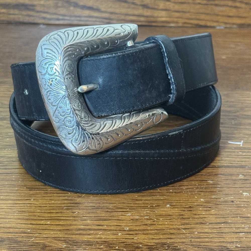 Brighton Black Leather Belt 37.5" Silver Engraved Western Buckle 1992 Vintage
